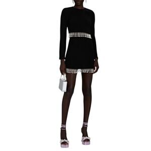 2 pc set Saylor Black Ribbed Knit Sweater Pearl Trim Fringe Crop Top Skirt